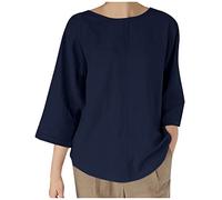 2025 Chemisier Coton et Lin Femme Chemise Femme Chic et élégant Manche 3/4 Col en Rond Tops Couleur Unie Printemps Eté Mode LâChe Respirant T-Shirts Grande Taille Pas Cher Casual Tunique Blouse