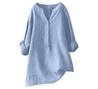 2025 Chemisier Femme Chic et Élégant Chemise Coton et Lin pour Femmes Col en V Bouton Manches Longues Tops Couleur Unie LâChe Respirant T-Shirts Grande Taille Pas Cher Casual Coton Lin Tunique Blouse