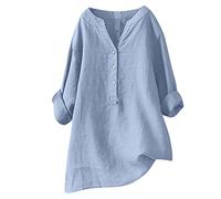 2025 Chemisier Femme Chic et Élégant Chemise Coton et Lin pour Femmes Col en V Bouton Manches Longues Tops Couleur Unie LâChe Respirant T-Shirts Grande Taille Pas Cher Casual Coton Lin Tunique Blouse