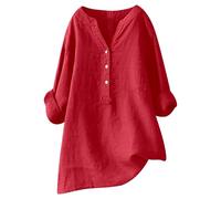 2025 Chemisier Femme Chic et Élégant Chemise Coton et Lin pour Femmes Col en V Bouton Manches Longues Tops Couleur Unie LâChe Respirant T-Shirts Grande Taille Pas Cher Casual Coton Lin Tunique Blouse