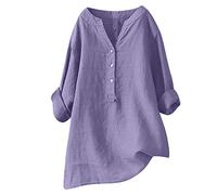 2025 Chemisier Femme Chic et Élégant Chemise Coton et Lin pour Femmes Col en V Bouton Manches Longues Tops Couleur Unie LâChe Respirant T-Shirts Grande Taille Pas Cher Casual Coton Lin Tunique Blouse
