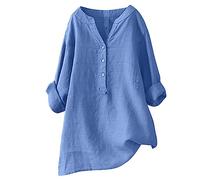 2025 Chemisier Femme Chic et Élégant Chemise Coton et Lin pour Femmes Col en V Bouton Manches Longues Tops Couleur Unie LâChe Respirant T-Shirts Grande Taille Pas Cher Casual Coton Lin Tunique Blouse