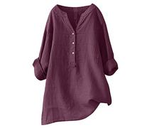 2025 Chemisier Femme Chic et Élégant Chemise Coton et Lin pour Femmes Col en V Bouton Manches Longues Tops Couleur Unie LâChe Respirant T-Shirts Grande Taille Pas Cher Casual Coton Lin Tunique Blouse