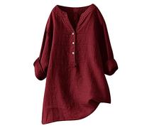 2025 Chemisier Femme Chic et Élégant Chemise Coton et Lin pour Femmes Col en V Bouton Manches Longues Tops Couleur Unie LâChe Respirant T-Shirts Grande Taille Pas Cher Casual Coton Lin Tunique Blouse