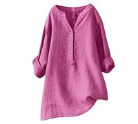 2025 Chemisier Femme Chic et Élégant Chemise Coton et Lin pour Femmes Col en V Bouton Manches Longues Tops Couleur Unie LâChe Respirant T-Shirts Grande Taille Pas Cher Casual Coton Lin Tunique Blouse