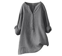 2025 Chemisier Femme Chic et Élégant Chemise Coton et Lin pour Femmes Col en V Bouton Manches Longues Tops Couleur Unie LâChe Respirant T-Shirts Grande Taille Pas Cher Casual Coton Lin Tunique Blouse