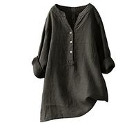 2025 Chemisier Femme Chic et Élégant Chemise Coton et Lin pour Femmes Col en V Bouton Manches Longues Tops Couleur Unie LâChe Respirant T-Shirts Grande Taille Pas Cher Casual Coton Lin Tunique Blouse