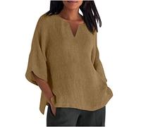 2025 Chemisier Femme en Coton Lin à Manche 3/4 Décontracté Couleur Unie Blouse Ample Printemps Eté Tunique Femme Col en V Casual Hauts LâChe et Respirant T-Shirts Grande Taille Pas Cher
