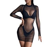2025 - Clubwear Long Mini Hauts Décontractés Manches Transparentes Récolte Pure Mesh pour Femmes Lessive Lingerie, Noir , XL
