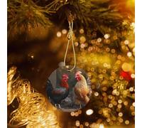 2025 Décorations rondes en céramique à suspendre en forme de coq et de poule pour sapin de Noël - Pendentifs de Noël imprimés double face pour Noël, fête de famille, décoration de vacances