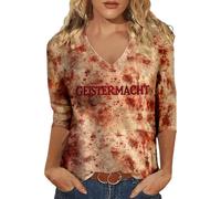 2025- Deguisement Halloween Femme Imprimé Sanglant- Tee Shirt Col V Manches 3/4 Horreur Sang Lettre Slim Haut Casual Chic Confortable Bloody Top Polyvalent Carnaval Streetwear Pullover