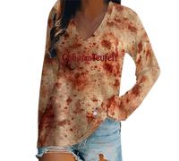 2025 Deguisement Halloween Femme Sanglant- Tee Shirt Col V Manches Longues Horreur Imprimé Sang Ample Haut Décontracté Confortable Bloody Chic Top Polyvalent Carnaval Blood Streetwear Costume