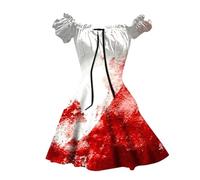 2025 Deguisement Halloween- Mini Robe à Manches Courtes Bouffantes Couleur Sang Imprimé Sanglant éClaboussures De Sang Bloody Horreur Blood ÉPaules DéNudéEs Courte A-Ligne Rétro Elegant Dress