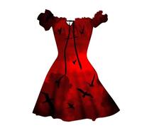 2025 Deguisement Halloween- Mini Robe à Manches Courtes Bouffantes Couleur Sang Imprimé Sanglant éClaboussures De Sang Bloody Horreur Blood ÉPaules DéNudéEs Courte A-Ligne Rétro Elegant Dress