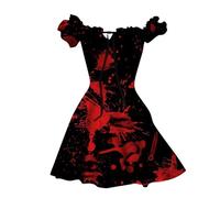 2025 Deguisement Halloween- Mini Robe à Manches Courtes Bouffantes Couleur Sang Imprimé Sanglant éClaboussures De Sang Bloody Horreur Blood ÉPaules DéNudéEs Courte A-Ligne Rétro Elegant Dress