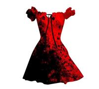 2025 Deguisement Halloween, Mini Robe Femme à Manches Courtes Bouffantes Couleur Sang Imprimé Sanglant éClaboussures De Sang Bloody Horreur Blood ÉPaules DéNudéEs Courte A-Ligne Chic Et Elegant Dress