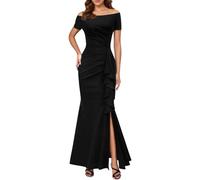 2025 Dresses Robe longue de mariée à épaules dénudées en satin froncé avec fente PU173, Noir , M