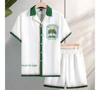 2025 Ensemble 2 pièces d'été pour hommes, chemise à manches courtes et shorts avec imprimé carte, tenue de vacances, vêtements de plage, tenues Miami, tenues confortables L,M,S,XLLettres,Rayé,PlantesÉ