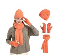 2025 Ensemble bonnet, écharpe et gants pour femme, bonnet d'hiver avec pompon doublé en polaire, gants tactiles, écharpe, bonnet chauffant 3 en 1, Orange, taille unique