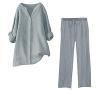 2025-Ensemble Chemise Pantalon Femme Grande Taille- Ensembles De Pyjama Manches Longues Col V Blouse Ample Et Taille Élastique Droit Pant Décontracté Confortable De Tous Les Jours Tailleurs