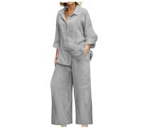 2025 Ensemble Femme Chic et Elegant Coton et Lin Pantalon + Chemise Haut Manche Longue ete Automne Fluide Ample 2 Pieces Décontracté Loungewear Set Casual Outfit Survêtement Grande Taille Pas Cher