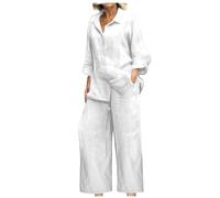 2025 Ensemble Femme Chic et Elegant Coton et Lin Pantalon + Chemise Haut Manche Longue ete Automne Fluide Ample 2 Pieces Décontracté Loungewear Set Casual Outfit Survêtement Grande Taille Pas Cher