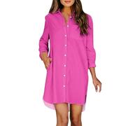 2025 Femmes Casual Robe Solide Manches Longues Col Roulé Poche Robe Chemise Ourlet Fendu Casual Lâche Robe Femmes Chemisier Rayures, Rose, M