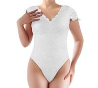 2025 Femmes Couleur unie Dentelle V Dos Ouvert Design Combinaison Tops Body Femmes Sheer, blanc, M