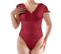 2025 Femmes Couleur unie Dentelle V Dos Ouvert Design Combinaison Tops Body Femmes Sheer, Rouge, M