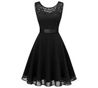 2025 - Femmes Courte Dentelle Florale Robe de Demoiselle d'honneur Femme Longueur Genou Swing Robe de Soirée Argent Robe Dames Élégante, Noir , XL