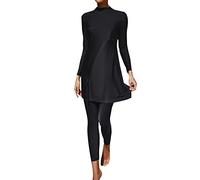 2025 Femmes été Burkini Maillot de bain musulman deux pièces maillot de bain femme maillot de bain manches longues plage maillot de bain avec plis Short de bain femme 3, Noir , M