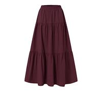 2025 - Femmes Printemps / Été Décontracté Taille Haute Coton et Lin Couleur Unie Plissée Ample Swing Demi-Longue Jupe Été Femme, Bordeaux, XL