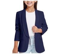2025 - Filles Écharpe à Manches Longues Costume Formel Veste Ouverte à l'avant Poche intérieure pour Enfants Chemises Sages Enfants, Marine, 5-6 ans