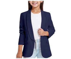 2025 - Filles Écharpe à Manches Longues Costume Formel Veste Ouverte à l'avant Poche intérieure pour Enfants Chemises Sages Enfants, Marine, 5-6 ans