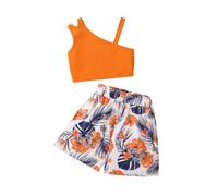 2025 Filles Mode Été Une épaule Couleur Unie Tops Imprimé Ample Shorts 2 Pièces Combinaison Enfant Ensemble Grenouillère Bébé, Orange, 9-10 ans