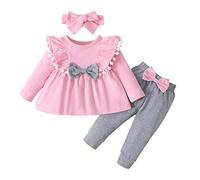 2025-Generisch Bébé Fille Tenues Coton Mélange Manches Longues Bowknot Pompon Hauts Pantalons Bandeaux Vêtements Ensembles Blouse Bébé Fille, Rose, 6-9 mois