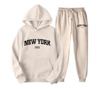 2025-Generisch Ensemble à capuche et pantalon de jogging avec lettres imprimées pour couples, thème York, vêtements de loisirs, survêtement confortable et élégant avec Halloween pour femme, beige, S