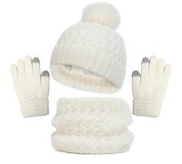2025-Generisch Ensemble de gants et écharpe pour fille en bas âge Chapeaux avec pompon en tricot Cache-cou Guêtres moufles doublées en polaire Ensemble pour tout-petit Bonnet Fille Été, Blanc., 1-6