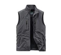 2025 Gilet décontracté pour homme Col rabattu Plusieurs poches Fermeture éclair Couleur unie Gilet de vêtements d'extérieur Chemin vers l'Ouest, gris, 3XL
