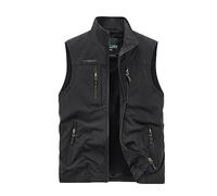 2025 Gilet décontracté pour homme Col rabattu Plusieurs poches Fermeture éclair Couleur unie Gilet de vêtements d'extérieur Chemin vers l'Ouest, Noir , XXL