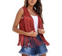 2025-Gilet Femme à Franges Art Ouvert Avant Vintage Gilet Sans Manches Hippie Années 70 Boho Western Veste Femme Manteau Jaune, rouge, L
