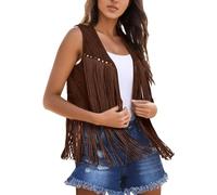 2025-Gilet Femme à Franges Art Ouvert Avant Vintage Gilet Sans Manches Hippie Années 70 Boho Western Veste Femme Manteau Jaune, kaki, M