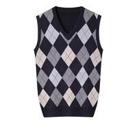2025 Gilet Homme sans Manche- Pull Col V Grande Taille Imprimé à Carreaux en Losange Coupe Slim Décontracté Sweater Chic Et Élégants Confortable Tempérament Polyvalent d'affaires Chandail