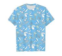 2025 Hauts à manches courtes pour filles en été avec de jolis imprimés d'animaux marins Col rond T-shirts décontractés pour enfants Vêtements de tous les jours École Jeux en plein air, bleu ciel, 11