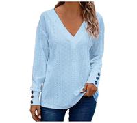 2025 Hauts Femmes Élégant Décontracté Col V Manches Longues Boutons Dentelle Brodé Blouses Chemises Est Meilleur Body, bleu ciel, S