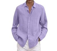2025 - Homme Été Coton Lin Solide Décontracté Grande Taille Chemise Ample Hommes Col Revers Manches Longues Chemise Homme Moyen Âge, lilas, XL