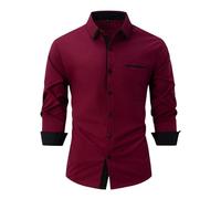 2025 Hommes Mode Casual Top Shirt Simple Confortable Couleur Unie Bouton Shirt Top Manches Longues Haut Guru Chemise Homme, rouge, L