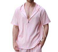 2025 Hommes Veste D'été Couleur Unie Jacquard Zippé Extérieur Décontracté Manches Courtes pour L'été en Europe USA Garçons Large, Rose, M