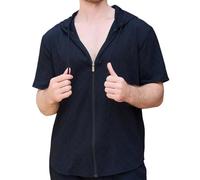 2025 Hommes Veste D'été Couleur Unie Jacquard Zippé Extérieur Décontracté Manches Courtes pour L'été en Europe USA Garçons Large, Noir , XL