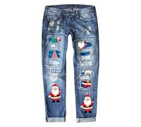 2025, Jean taille moyenne, jambe droite, imprimé Père Noël vieilli pour Noël, bleu foncé, 4XL